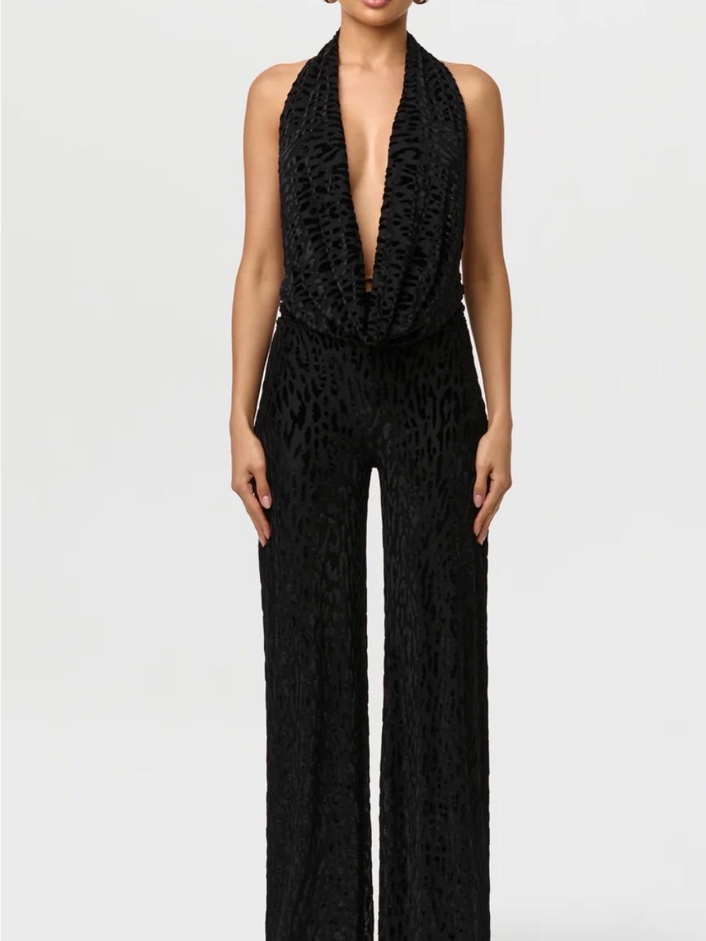 naked wardrobe Black Plunging Halter Textured Jumpsuit